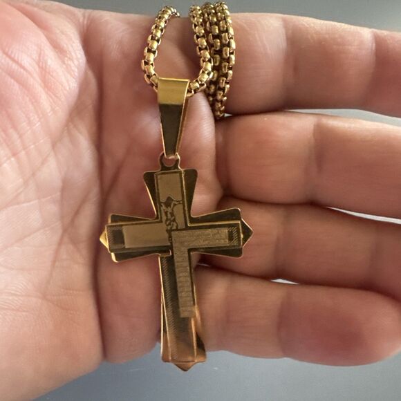 Double Gold Plated Cross Pendant 24 Inch Chain Stainless Steel Religious Gift - Picture 5 of 6